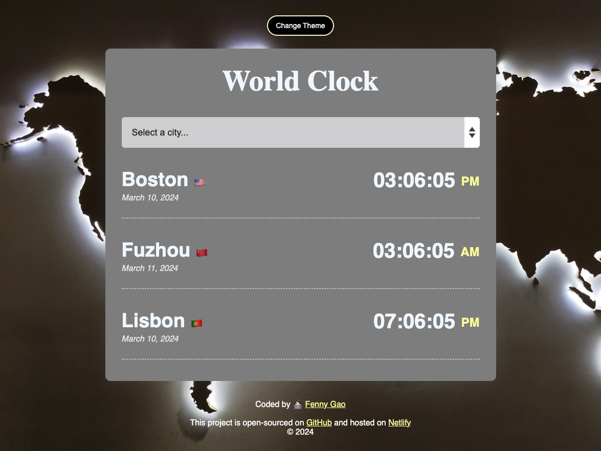 Current world clock app in dark mode